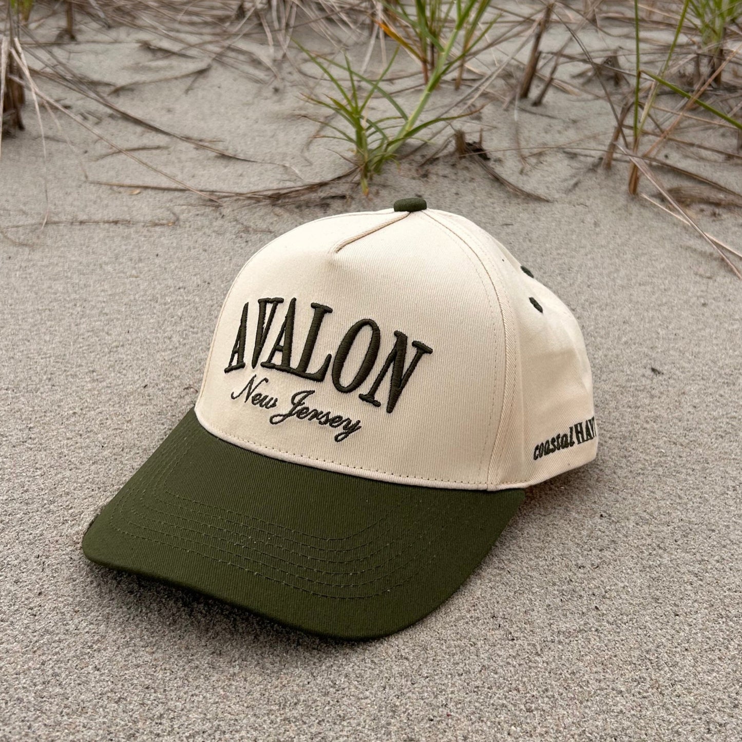 Beige cap with "Avalon New Jersey" text with Olive Green accents