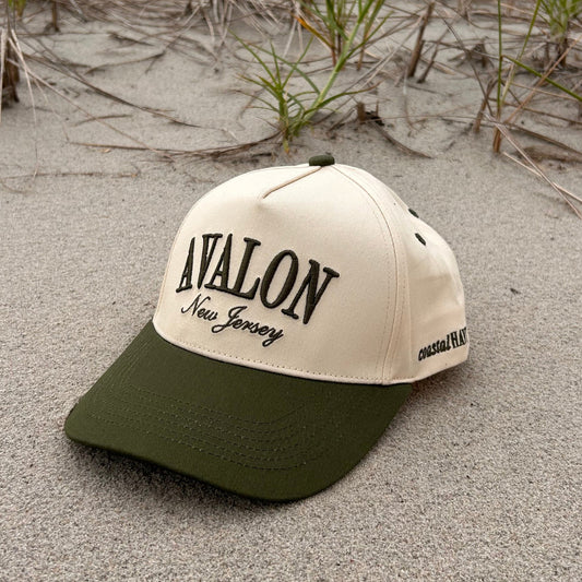 Beige cap with "Avalon New Jersey" text with Olive Green accents